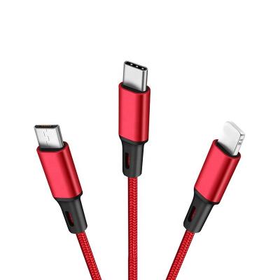 China High Quality Nylon Braided Charging MP3/MP4 Player Cable 3 in 1 USB Data Cable for iPhone, Type-C, Micro USB for sale