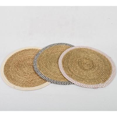 China Sustainable 2022 Cotton And Water Popular Round Hyacinth Woven Placemats Tabale Eco-Friendly Woven Rug for sale