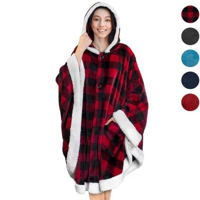 China Wearable Wholesale thickened custom Lamb-wool cloak TV blanket Lazy  Coral flannel Lamb wear blanket hooded blanket for sale