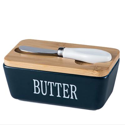 China Freshness Preservation Hot Quality 350ML rectangle Blue food storage Ceramic Container Butter Keeper Dish With Bamboo Lid and knife for sale