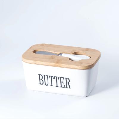 China Freshness Preservation 650ML Kitchen porcelain Rectangle butter keeper food storage White Ceramic  Butter Dish With Bamboo Lid and knife for sale