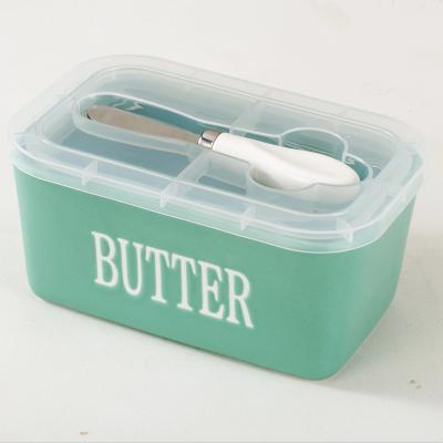 China Freshness Preservation 650ML Green Porcelain Butter Dish Ceramic Cheese Butter Container Storage Box With PP Lid And Knife for sale