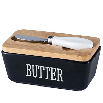 China Freshness Preservation Wholesale 350ML black Ceramic Box Container ceramic Butter Keeper Dish With Bamboo Cover And Knife for sale