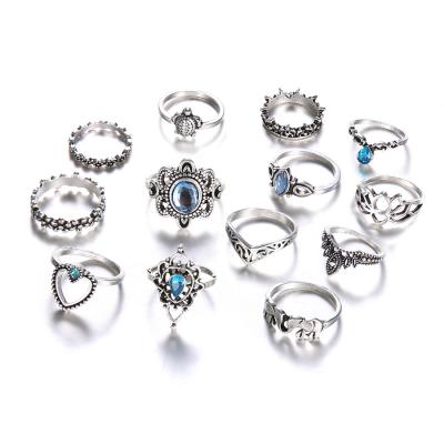 China Simple Cheap PUSHI Women Vintage Ring Set Plated 13 Piece Combination Ring Set Crown Ring for sale