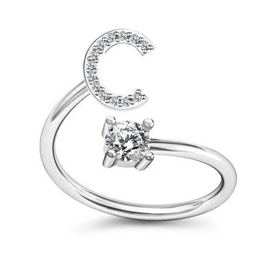 China FASHIONABLE PUSHI simple and soft creative letters set with 26 diamond ring English letter opening stainless steel adjustable ring for sale