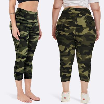 China Custom RTS Plus Size High Waisted Breathable Polyester Spandex Logo Printed Women Home Workout Sports Yoga Capri Tights On Sale for sale