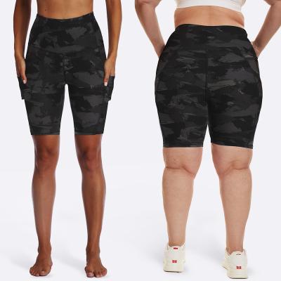 China Breathable RTS Printed Black Tie Dye Ruched Casual Biker Work From Home 4 Ways Stretch Highwasted Pocket Yoga Shorts for sale