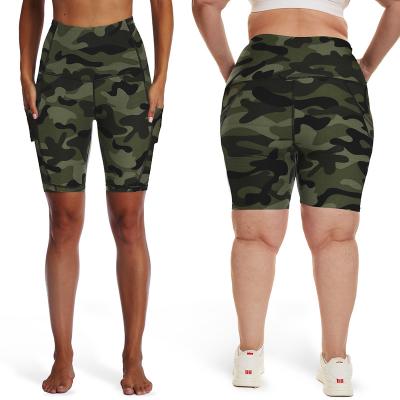 China Custom Made Breathable Camouflage Color Green Yoga Pants Wholesale Sexy Wear High Waist Girl Biker Shorts With Pockets for sale