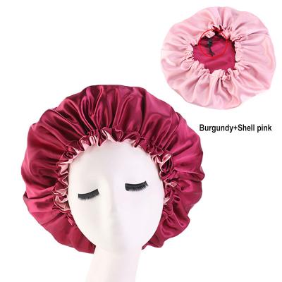 China Customized Luxury Soft\Comfortable Silky Caps Double Layer Stripe Women Night Sleep Hat Adjustable Designer Silk Satin Swim Cap for sale