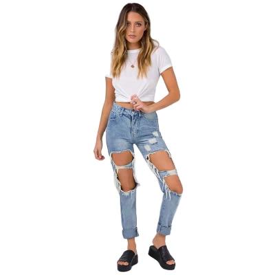 China OEM Wholesale QUICK DRY Custom Casual Ladies Ripped Jeans Distress Straight Pants Women's Jean for sale