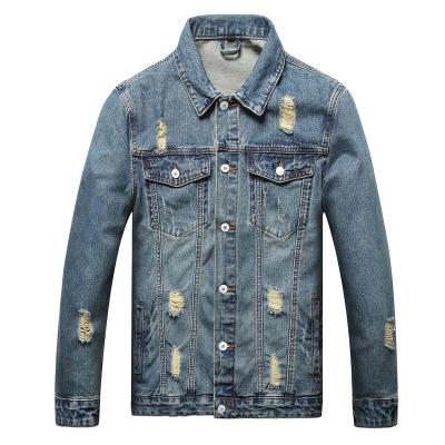 China Wholesale custom made blue coat lattice jacket men's BROKEN lattice jacket distressed factory denim denim HOLE jacket breathable jacket for sale