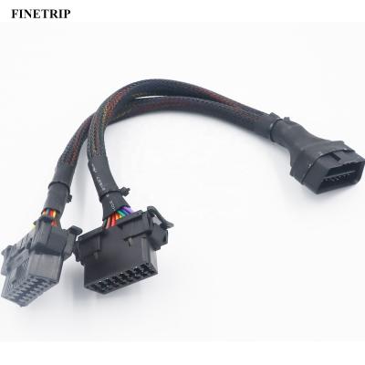 China CAR FINETRIP 30CM 2 IN 1 OBD2 Extension Cable obdII male to female splitter 2 car computer connection conversion Y plug for elm327 for sale