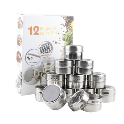 China Kitchen Sustainable 12 Pieces Stainless Steel Magnetic Spice Rack With 120 Spice Labels Clear Top Lid for sale