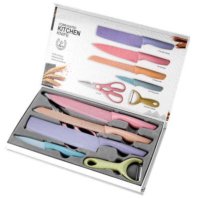 China Viable Kitchen Utensils Stainless Steel Wheat Straw Color Knife Set Kitchen Knife Peeler Cutting Board 7 Piece Set for sale