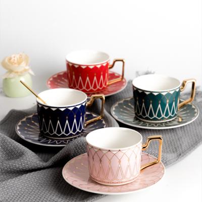 China Viable European Style Luxury Ceramic Coffee Cup Retro Set Tea Cups And Saucers With Gold Handle 220ml for sale