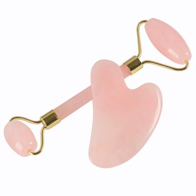 China Gua Sha Natural Pink Beauty Roller Face Lift Rose Quartz Roller Set For Face Massager Face for sale