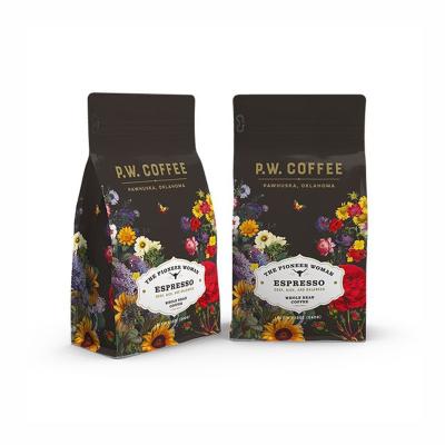 China Custom Printed Zipper Biodegradable Packaging Pouch Moisture Proof With Valve Flat Bottom Bag For Coffee Bean for sale