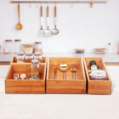 China 5 Pieces Kitchen Sustainable Drawer Organizer Bamboo Storage Boxes For Cutlery Storage for sale