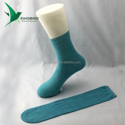 China Free Sample Blue Anti-Slip 100% Polyester Knitted Airline Socks for sale