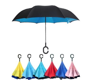 China CLASSIC In Stock Custom Wholesale Colorful Double Layer Windproof Inside Out C Shape Handle Inverted Reverse Umbrella With Logo Prints for sale