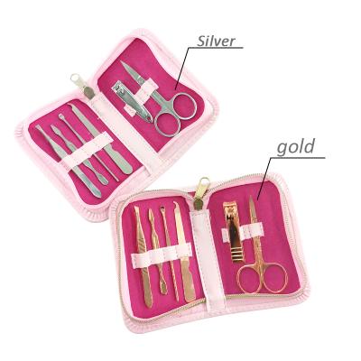 China Personal Care Products Electroplate 7pcs Gold Manicure Kit Rose PU Bag Nail Tools for sale