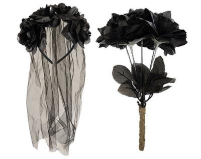 China Fashion Zombie Corpse Bride Set Veil Headband Black Roses Dead Halloween Costume for sale