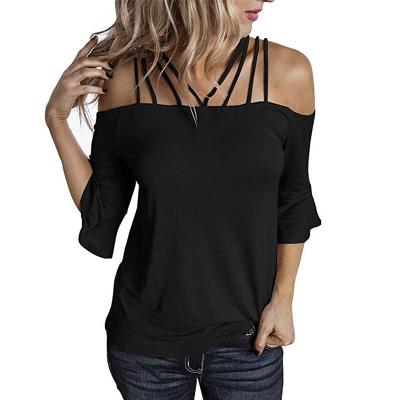 China New Solid Color QUICK DRY Casual Tops Off The Shoulder Spaghetti Tie Up Summer Wear Plus Size Rocket Sleeves T-Shirt for sale