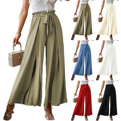 China Anti-Wrinkle Ladies Summer Pure Color Long Trousers Casual High Waist Pleated Wide-legged Loose Pants With Belt for sale