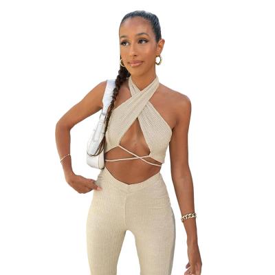 China Breathable Summer Solid Color Sexy Workout Clothes Casual Set Front Cross Hollow Strap Crop Top And Pants Suit for sale