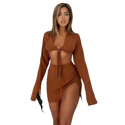 China Breathable New Arrival Long Sleeve Clubwear Suit Tailoring Crop Top And Skirt Summer Two Piece Set Clothes For Women for sale