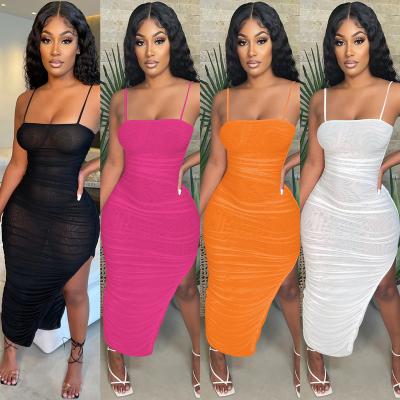 China Sexy Breathable Fashion Sling Bodycon Dress Women Split Pleats Irregular Casual Dresses Translucent Beach Dress for sale