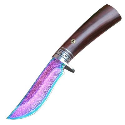 China HOT SALE Damascus Wood Handle Non-variable Hunting Tactical Pocket Knife With Leather Sheath for sale