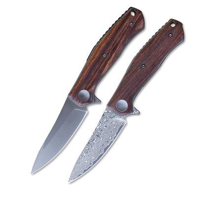 China Belt Clip Handle Damascus Pocket Knives Wooden Tactical Outdoor Survival EDC Hunting Folding Knife for sale