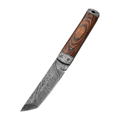 China Customizable Damascus 3cr13 wood handle fresh fixed blade bowie knife hunting with blade sheath for sale