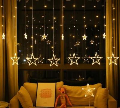 China Five Star Hot Sale 2.5m 138LED Christmas Hanging Indoor Outdoor Warm White Fairy Lights Star Curtain String Lights Decoration for sale