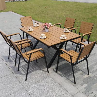 China Top Quality Wood Eco - Friendly Outdoor Plastic Chair 6 And 1 Long Table Set Garden Furniture for sale