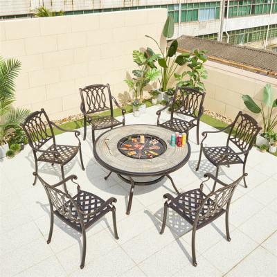 China Nice Eco-friendly Looking Gray Ceramic BBQ Dining Table and Chair Set Outdoor Patio Cast Aluminum Furniture Dining Room for sale