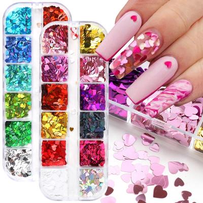 China Nail Art Decoration Wholesale Love Heart Nail Glitter For Nail Art Decoration 12grid/box Mixed Colorful Valentine's Day Nail Flakes for sale