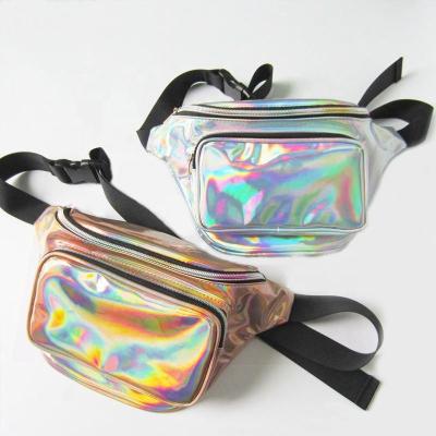 China Designer Holographic Shiny Pussy Pack 3 Zippers Logo Fashion Beach Laser PU Waist Glitter Waterproof Bag Custom Leather Waterproof for sale