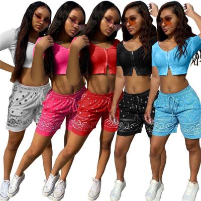 China Women Summer Anti-pilling Two-Piece Pants Clothing Set Two-Piece Zipper Set Biker Shorts Two-Piece Set for sale