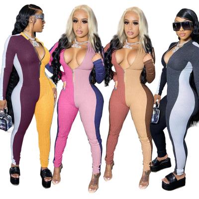 China Anti-pilling 2021 fall fashion color block slim fit long sleeve one piece jogger outfits sports wear apparel women overalls for sale