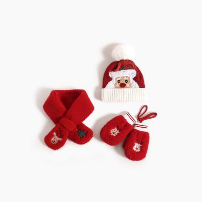 China Hot JOINT Hot Sale Knit Christmas Mini Lovely Fluffy Knitted Baby Christmas Red Hat 3pc Set Gloves And Scarf For Kids for sale