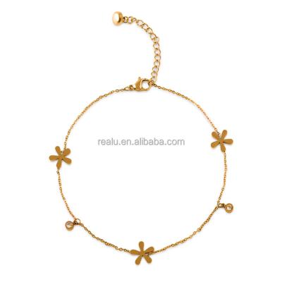 China CLASSIC Simple Delicate Jewelry Real U Jewelry 18K Gold Plated Chain Bracelet With Floral Supplement Bangle With Crystal Dot Design for sale