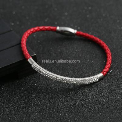 China Fashion 2022 CLASSIC Jewelry Real U Glitter CZ Accented Modern Stainless Steel Red Rope Bracelet Love Bangle Bracelet for sale