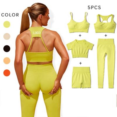 China Custom Seamless Antibacterial Gym Wear Seamless Legging Set Gym Fitness Sets Athleisure 5 Piece Yoga Set for sale