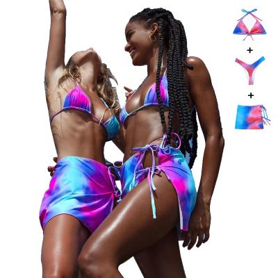 China Breathable Custom Three Pieces String Bikini Set Tie Dye And Swimsuit Cover Up Skirt Swimwear Manufacturers for sale