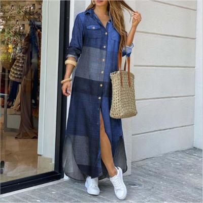 China Breathable Women Fashion Casual Plaid Maxi Dress Long Plus Size Party Sleeves Lapel Shirt Dress 2021 Full for sale