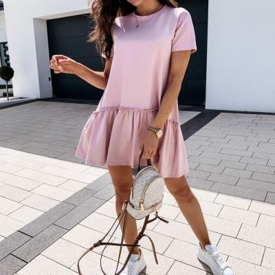 China Breathable Women Summer Loose Short Sleeve Solid Dresses 2021 Black Ruffles Beach Dress Skirt for sale