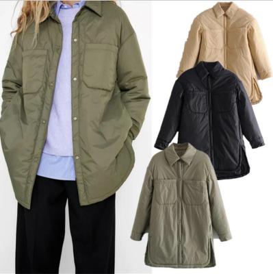 China Anti-Wrinkle Women Jacket Chunky Parkas Turndown Collar Thin Coat Long Sleeve FemaleOvershirt Button Khaki Outwear Armygreen 2021 for sale