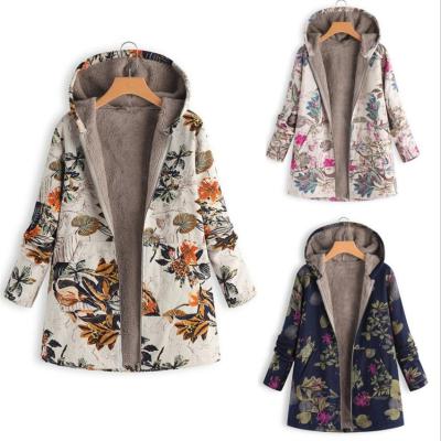 China Anti-wrinkle 2021 winter warm floral hooded coat women fleece for outwear floral print padded jackets parkas pockets for sale